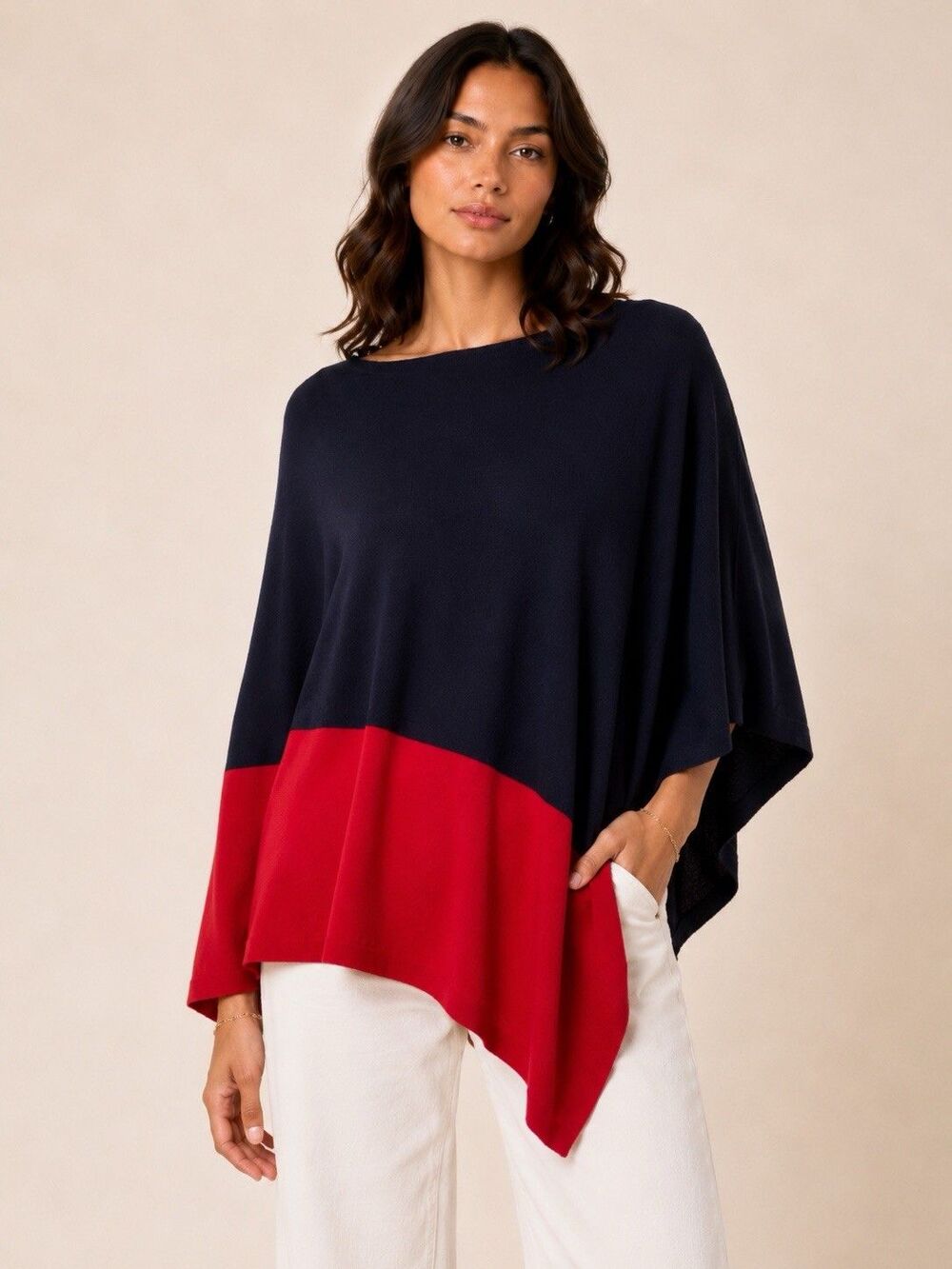 LOFT Women Cotton Blend Poncho Navy & Red- Nursing Modest Nautical Coastal NWOT